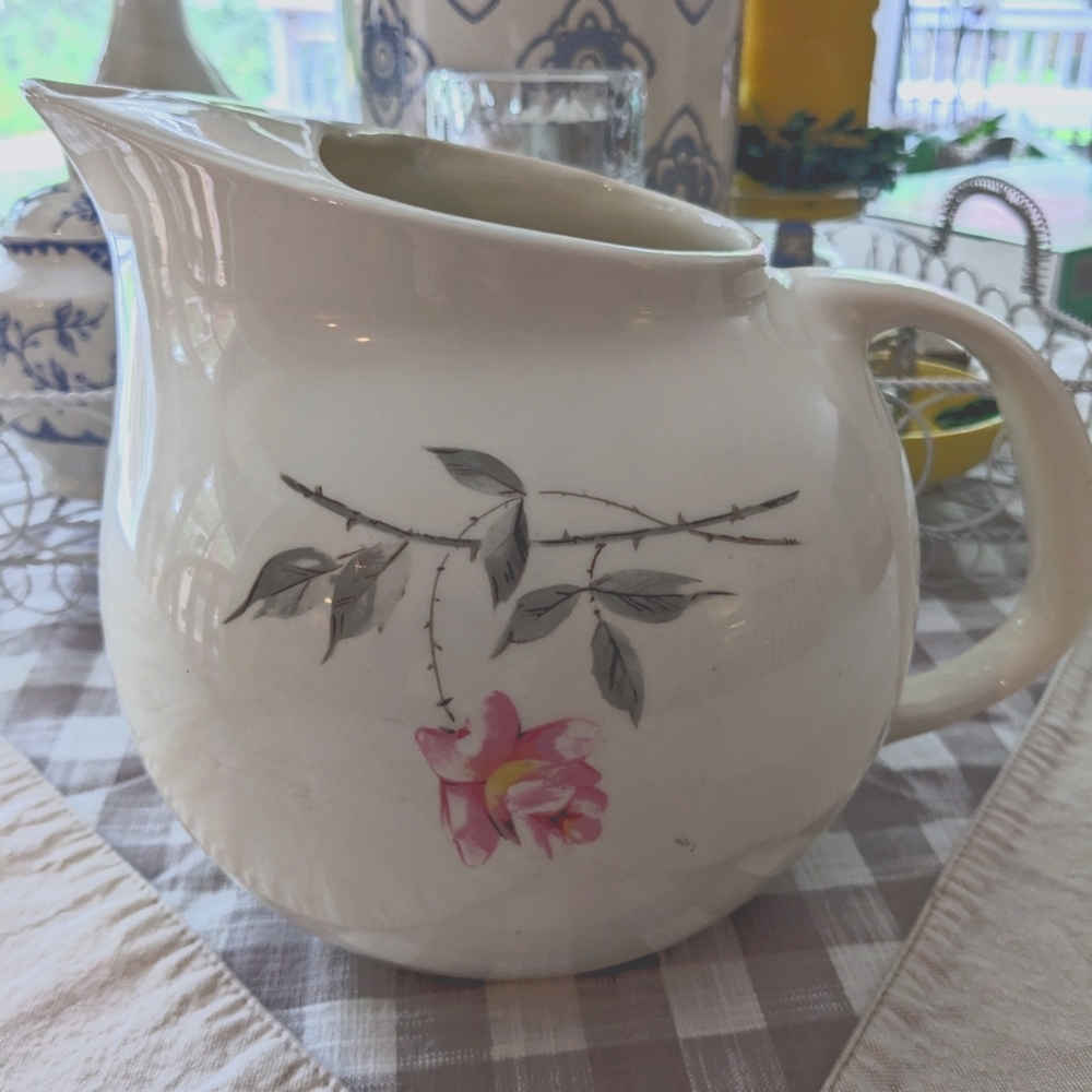 Vintage Floral Pitcher Round Pink Rose Cream 50s Cottagecore Grandma Vase Unique